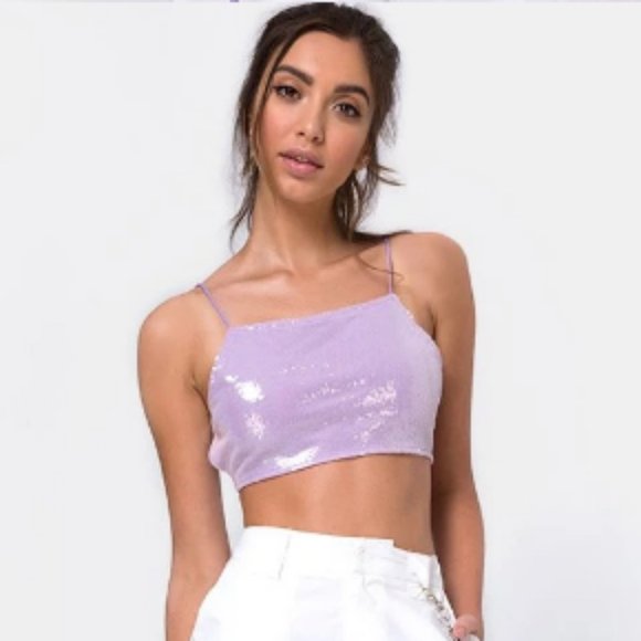 SASHA CROP TOP- MATTE MINI SEQUIN- Dark Purple xs - Picture 1 of 6